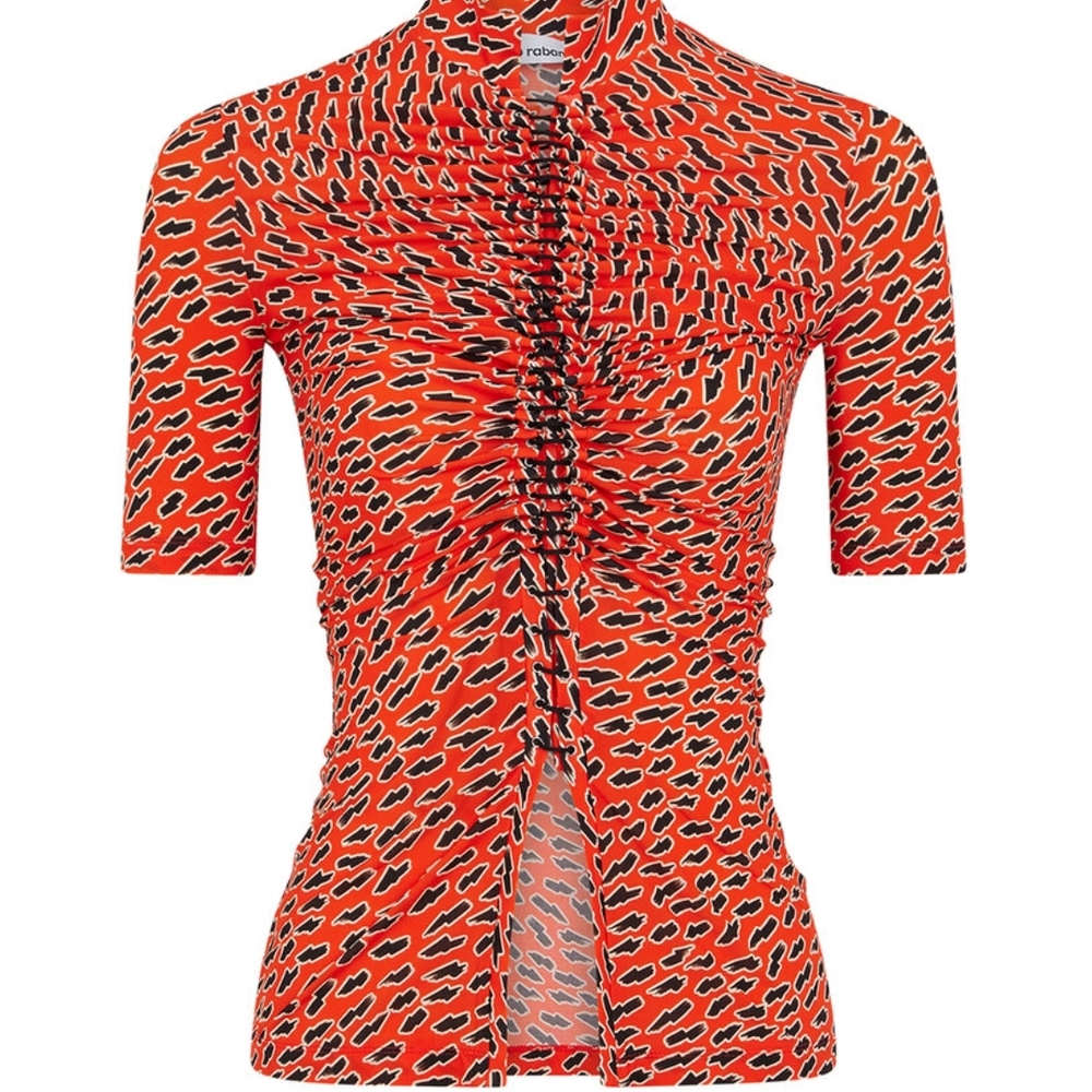 Paco Rabanne Orange and Black Ruched Blouse with Mandarin Collar